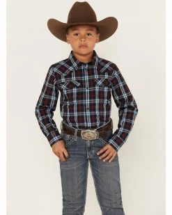 Cody James Boys' Plaid Print Long Sleeve Snap Western Shirt Red