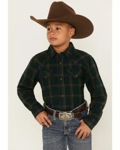 Cody James Boys' Plaid Print Long Sleeve Snap Western Flannel Shirt Olive
