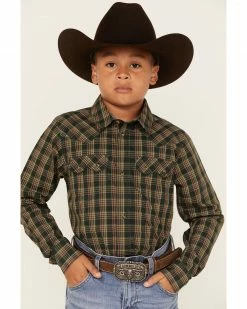 Cody James Boys' Douglas Fir Plaid Print Long Sleeve Snap Western Shirt Green
